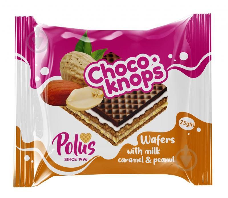 Вафлі POLUS Choco-Knops з молочними начинками, карамеллю та арахісом 25г